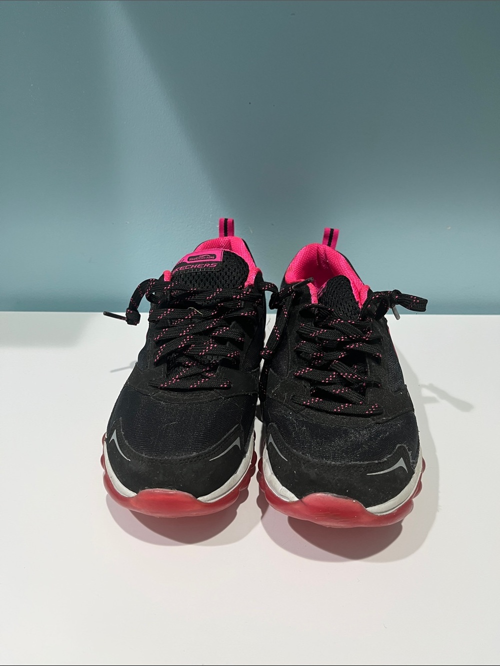 Skechers Women’s Black and Hot Pink Athletic Sneakers with Pink Outsole